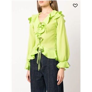 NWT Rokh Neon Green Ruffle Detail Button Down Blouse